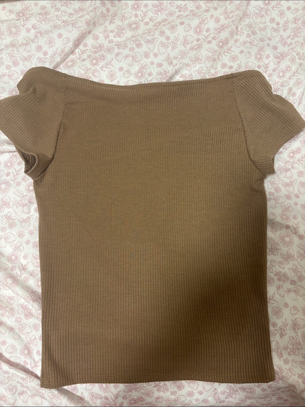 Ripe Ribbed Off-Shoulder Crop Top in Camel Brown